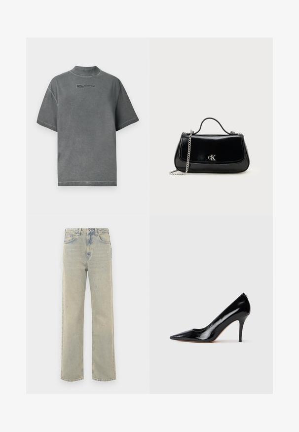 Sivý krátky rukáv tričko vyrobené z bavlny s vysokým výstrihom. Na hrudi sa nachádza logo "KARL LAGERFELD JEANS" v tmavosivej farbe.; Svetlo modré denimové nohavice s širokými nohavicami a vyblednutým vzhľadom, ozdobené striebornými cvokmi usporiadanými do kruhových vzorov na prednej strane.; Čierna sivá lakovaná lodička na vysokom opätku so špicatou špičkou, s hladkou textúrou a úzkym ihličkovým opätkom. Bez viditeľného kovania.; Čierna kožená kabelka s reťazovou rukoväťou, pevný tvar a strieborný akcent s logom. Hladký povrch s klapkovým uzatváraním.