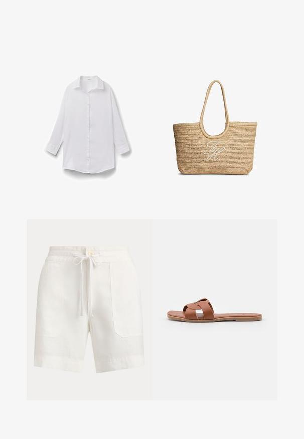Camisa blanca de manga larga con cuello, puños con botones y un ajuste relajado, mostrada sobre un fondo blanco liso.; Pantalones cortos blancos hasta la rodilla con bolsillos frontales, cierre de botón y cordón ajustable con lazo en la cintura.; Sandalias planas marrones hechas de cuero suave con un diseño de tiras cruzadas, que cuentan con una suela plana y un estilo minimalista.; Bolso tote de paja beige tejido con asas redondeadas y iniciales en cursiva bordadas en blanco en el centro delantero.