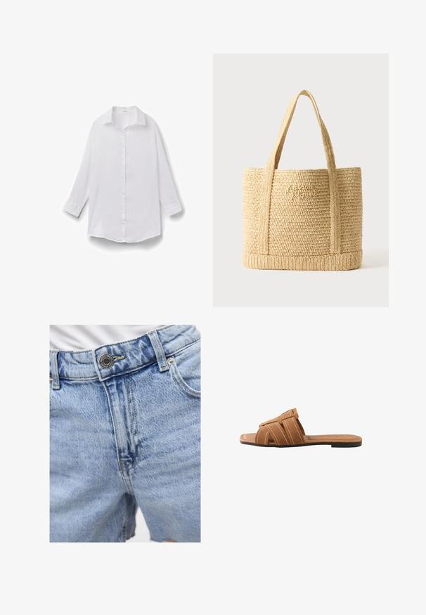 Camisa blanca de manga larga con cuello, puños con botones y un ajuste relajado, mostrada sobre un fondo blanco liso.; Pantalones cortos de denim azul claro con cintura alta, costuras visibles, dos bolsillos delanteros y cierre de botón de metal. Textura suave.; Sandalia tipo slide de ante marrón con tiras cruzadas que presentan costuras blancas y una suela plana negra, vista desde un lado sobre un fondo blanco.; Bolso tote beige tejido de paja con dos asas para el hombro y un sutil bordado en cursiva en la parte delantera, sobre un fondo liso.