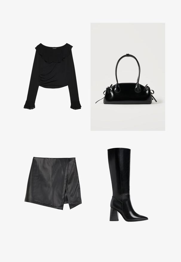 Sort langærmet top med rynket halsudskæring, skrå detaljer i siden og flagrende manchetter i en glat, strækbar stof.; Even&Odd by Zalando Mini skirts - black; Sorte knæhøje støvler lavet af glat læder, med spids tå og en blokhælc med lodrette striber. Minimalistisk design.; Lille sort blank håndtaske med to lange håndtag og snøre-detaljer i siden på en ensfarvet lys baggrund.