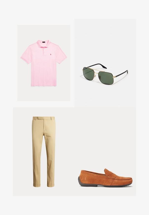 Polo de manga corta en rosa claro, cuello con botones, confeccionado en algodón suave. Presenta un pequeño logo rojo en el pecho.; Pantalones beige de hombre a medida con trabillas para cinturón y dobladillos vueltos, mostrados sobre un fondo claro liso.; Mocasín de hombre de ante marrón con detalles de costura, una ranura para monedas en la parte superior y suela de goma oscura.; Gafas de sol de metal dorado con lentes verdes, forma rectangular, varillas de plástico negro y un diseño de dos tonos. Cuenta con almohadillas en la nariz para mayor comodidad.