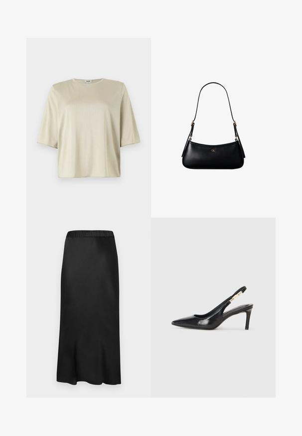 Kortærmet, løstsiddende top i lys beige med rund halsudskæring og blød tekstur, lavet af et glat, let materiale.; Sort satin midi-nederdel med elastisk talje. Glat tekstur og enkelt design, der taper lidt ved kanten for en flydende silhuet.; Sort læder slingback højhælede sko med spidse tæer, glat overflade og en smal ankelrem med guldfarvede hardware detaljer.; Sort læder mini skuldertaske med tynd rem og lille gyldent CK-logo på fronten i midten.