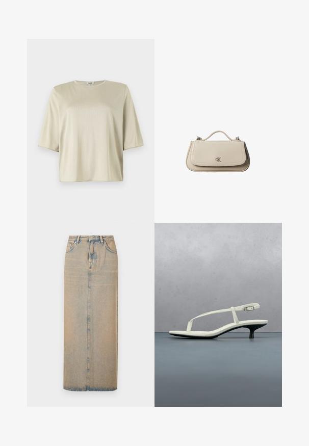 Kortærmet, løstsiddende top i lys beige med rund halsudskæring og blød tekstur, lavet af et glat, let materiale.; En lang denimnederdel i lyseblå med lige snit. Har fem lommer, bæltestropper og knaplukning foran. Fadede tekstur over det hele.; Hvid sandal med stropper og kitten-hæl med spids tå, svævende over et trægulv udendørs med en sløret plante og væg i baggrunden.; Lille beige læderhåndtaske med top håndtag og sølv CK-logo på frontklap, vist mod en hvid baggrund.