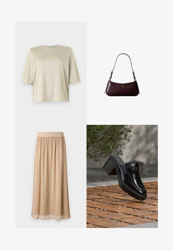 Korte mouw, losse top in lichtbeige, met een ronde halslijn en een zachte textuur, gemaakt van een gladde, lichte stof.; Beige midi-rok met een brede elastische tailleband waarop de merknaam staat. Zacht, vloeiend materiaal met een gladde textuur en een eenvoudig ontwerp.; Zwarte leren Calvin Klein slip-on mule met blokhak rustend op houten tegels buiten, vlak bij een groene plant en een grijze muur.; Donker bordeauxkleurige leren handtas met een smalle zwarte schouderband en klein gouden "cK" logo aan de voorkant in het midden.