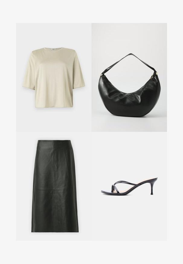 Korte mouw, losse top in lichtbeige, met een ronde halslijn en een zachte textuur, gemaakt van een gladde, lichte stof.; Zwarte leren midi-rok met een rechte snit. Gladde textuur, minimale naden en een nauwsluitende tailleband. Geen zichtbare zakken of extra details.; Zwarte laklederen sandaal met hakken, dunne gekruiste bandjes en een slanke, middelhoog stilettohak op een witte achtergrond.; Zwarte leren schoudertas met een gebogen vorm, zachte textuur en een enkele schouderband; beschikt over een gouden rits en subtiele branding.