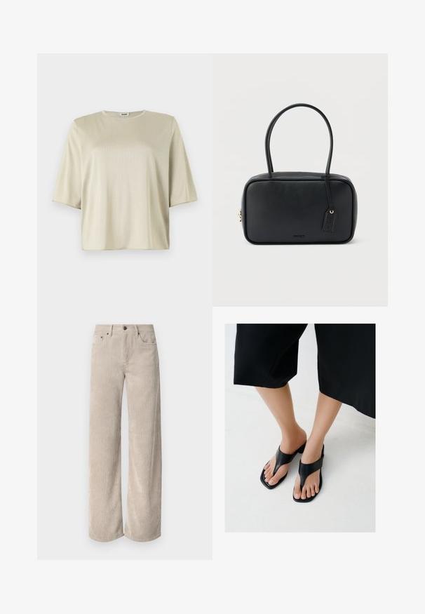 Kortærmet, løstsiddende top i lys beige med rund halsudskæring og blød tekstur, lavet af et glat, let materiale.; Beige corduroy bukser med vidde og lodrette striber, der har knaplukning og frontlommer. Blødt, tekstureret stof med en afslappet pasform.; Fødder iført sorte, firkantede hælsandaler med brede remme, kombineret med afkortede sorte bukser på et lyst gulv.; Sort rektangulær håndtaske med dobbelte runde håndtag, gylden lynlås og præget "HUGO"-logo foran med fastgjort lædermærke.