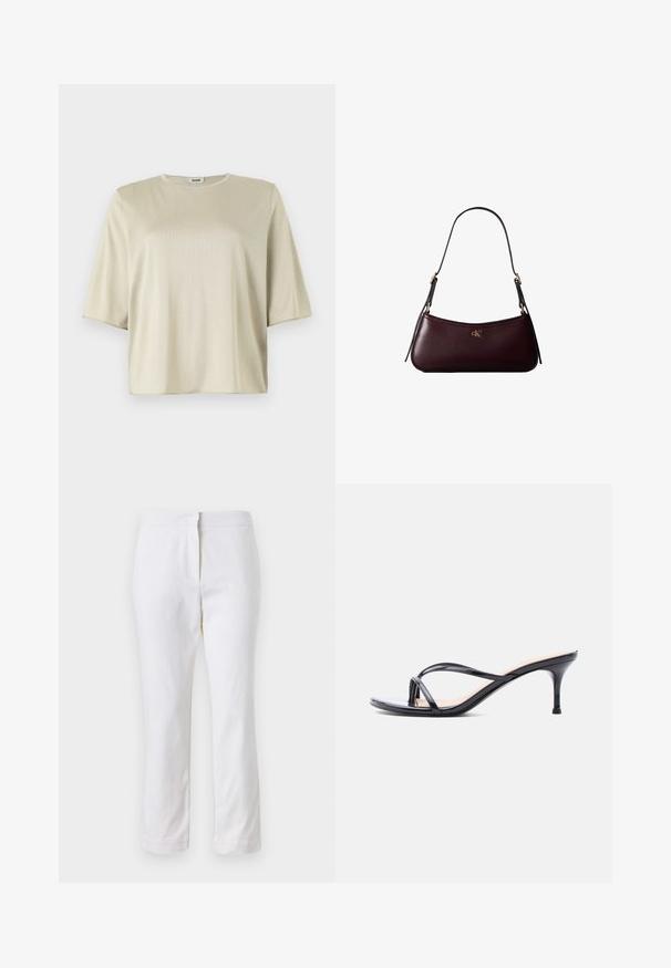 T-shirt à manches courtes, loose fit en beige clair, avec un col rond et une texture douce, fabriqué à partir d'un matériau léger et lisse.; Pantalons en coton blancs avec une coupe droite, dotés d'une taille mi-haute et sans matériel ou motifs visibles. Texture lisse sur l'ensemble.; Sandale à talon en cuir verni noir avec fines lanières croisées et talon aiguille moyen et élancé sur fond blanc.; Sac à main en cuir bordeaux foncé avec une fine sangle d'épaule noire et un petit logo doré "cK" au centre devant.