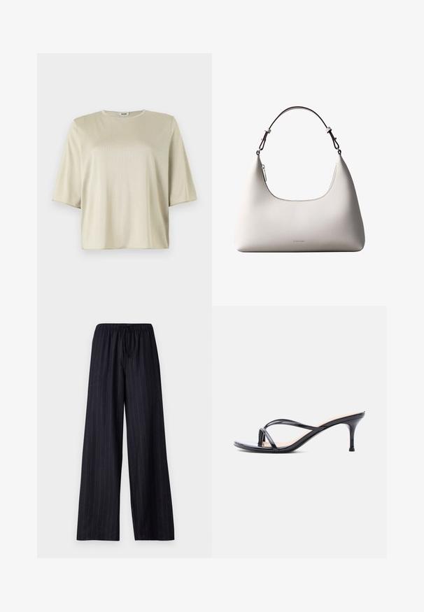 Korte mouw, losse top in lichtbeige, met een ronde halslijn en een zachte textuur, gemaakt van een gladde, lichte stof.; Zwarte pinstriped wijde broek met een elastische tailleband en aantrekkoord. Gemaakt van een soepele stof zonder zichtbare sluitingen of zakken.; Zwarte laklederen sandaal met hakken, dunne gekruiste bandjes en een slanke, middelhoog stilettohak op een witte achtergrond.; Romige Calvin Klein leren schoudertas met gebogen bovenrand, zilveren rits en donkerbruine verstelbare riem.
