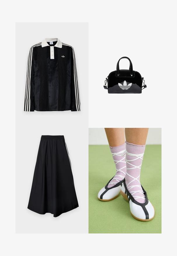 Sort fløjl langærmet polo shirt med en hvid ribbestrikket krave, tre knapper, struktureret front og tre hvide striber på hver ærme.; Sorte bukser med vidde i benene, elastisk talje og hvide sidestriber, vist mod en simpel hvid baggrund.; Ben iført ribbet lilla sokker med hvide krydsede stropper kombineret med hvide balletsko med sort kant på grøn gulv.; Sort patentlæder håndtaske med rund form, to top-håndtag, sølvdetaljer og en fremtrædende hvid logo på fronten.