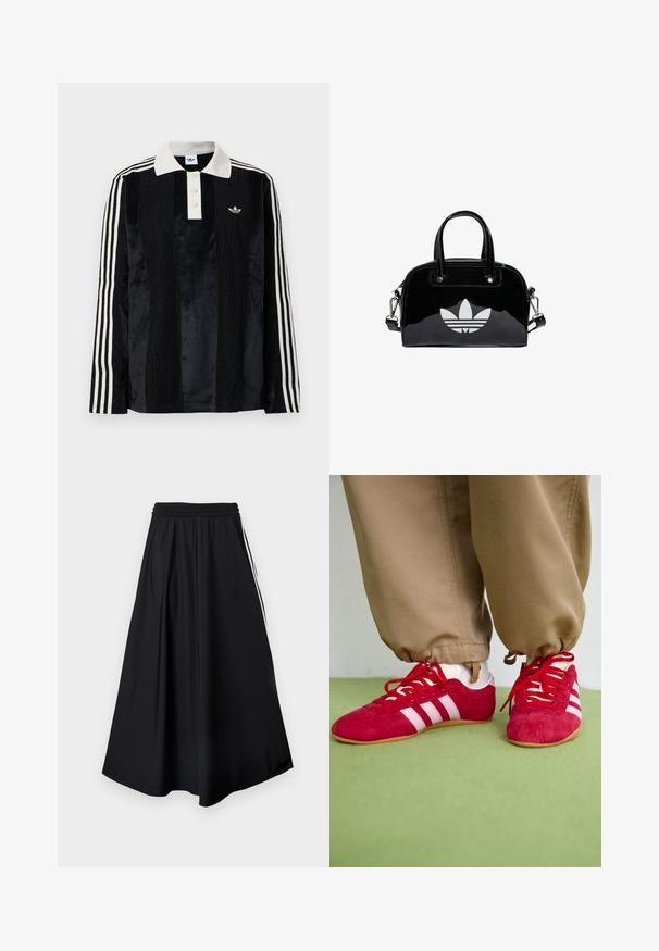 Camisa polo de manga larga de terciopelo negro con un collar acanalado blanco, tres botones, frente texturizado y tres rayas blancas en cada manga.; Pantalones negros de pierna ancha con cinturilla elástica y franjas blancas laterales, mostrados sobre un fondo blanco liso.; Zapatillas deportivas de ante rojo con rayas blancas, suela de goma plana y cordones rojos. Llevadas con pantalones beige, situadas sobre una superficie verde.; Bolso de mano de charol negro con forma redondeada, dos asas en la parte superior, acentos plateados y un prominente logotipo blanco en la parte delantera.