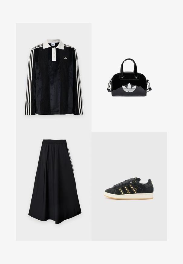 Camisa polo de manga larga de terciopelo negro con un collar acanalado blanco, tres botones, frente texturizado y tres rayas blancas en cada manga.; Pantalones negros de pierna ancha con cinturilla elástica y franjas blancas laterales, mostrados sobre un fondo blanco liso.; adidas Originals CAMPUS 00S W - Zapatillas - core black/carbon/gold-coloured; Bolso de mano de charol negro con forma redondeada, dos asas en la parte superior, acentos plateados y un prominente logotipo blanco en la parte delantera.