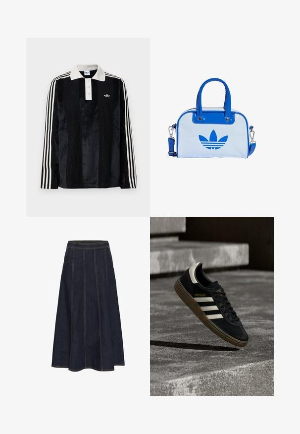Camisa polo de manga larga de terciopelo negro con un collar acanalado blanco, tres botones, frente texturizado y tres rayas blancas en cada manga.; Falda A de mezclilla oscura con una cinturilla ancha, costuras visibles y un dobladillo acampanado. No tiene bolsillos ni adornos.; Zapatilla negra de Adidas con rayas blancas y suela de goma flotando sobre escalones de concreto gris a la luz natural.; Bolso azul y blanco con acabado brillante, que cuenta con dos asas azules, una correa de hombro desmontable y un prominente logo azul en la parte frontal.