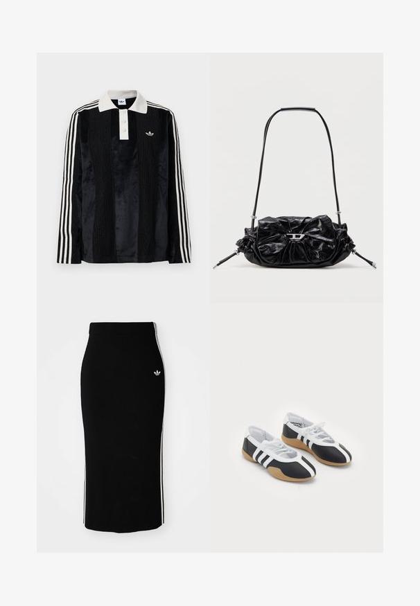 Schwarzes Samt-Poloshirt mit langen Ärmeln und einem weißen gerippten Kragen, drei Knöpfen, strukturiertem Vorderteil und drei weißen Streifen an jedem Arm.; Schwarzer, gerippter Midikleid mit einem taillierten Design, das weiße Seitenstreifen und ein kleines weißes Emblem auf der linken Seite aufweist.; Schwarz-weiße Sportschuhe mit einem eleganten Design, Gummisohle, Schnürverschluss und drei weißen Streifen an den Seiten.; Schwarze Lederhandtasche mit gerafftem Design und Schleifendetail auf der Vorderseite. Verfügt über einen kurzen Griff und silberne Hardware-Akzente.