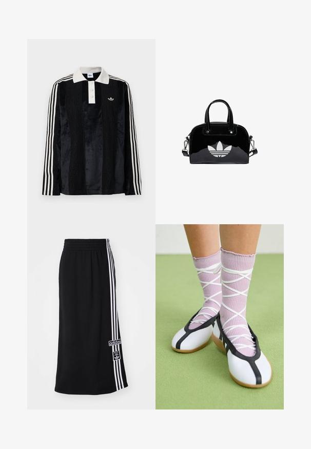Sort fløjl langærmet polo shirt med en hvid ribbestrikket krave, tre knapper, struktureret front og tre hvide striber på hver ærme.; Sort atletisk nederdel med elastisk talje, prydet med tre hvide striber langs den ene side og et Adidas-logo. Glat stoftekstur.; Ben iført ribbet lilla sokker med hvide krydsede stropper kombineret med hvide balletsko med sort kant på grøn gulv.; Sort patentlæder håndtaske med rund form, to top-håndtag, sølvdetaljer og en fremtrædende hvid logo på fronten.