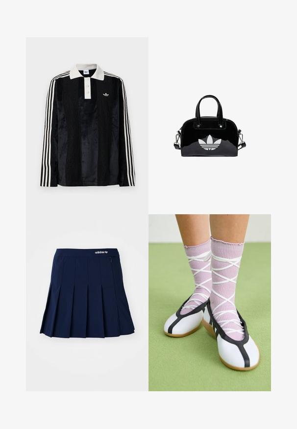 Sort fløjl langærmet polo shirt med en hvid ribbestrikket krave, tre knapper, struktureret front og tre hvide striber på hver ærme.; Marineblå plisseret nederdel lavet af letvægtsstof; har en elastisk talje og en lille lynlås-lomme, med et hvidt Adidas-logo på forsiden.; Ben iført ribbet lilla sokker med hvide krydsede stropper kombineret med hvide balletsko med sort kant på grøn gulv.; Sort patentlæder håndtaske med rund form, to top-håndtag, sølvdetaljer og en fremtrædende hvid logo på fronten.