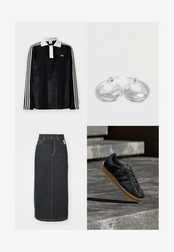 Zwarte fluwelen long-sleeve polo shirt met een witte geribbelde kraag, drie knopen, een textuur aan de voorkant en drie witte strepen op elke mouw.; Zwarte denim midi-rok met witte verticale strepen. Heeft een knoop taille, twee voorzakken en contrasterende stiksels. Rechte snit.; Zwarte Adidas Samba sneaker met een gestructureerd patroon, gumzool en gouden logo, zwevend boven betonnen trappen.; Een paar gepolijste zilveren halve maanvormige creolen met heldere plastic achterkanten op een witte ondergrond.