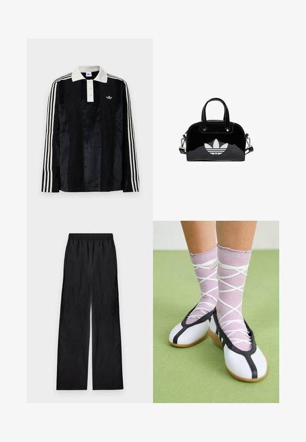 Camisa polo de manga larga de terciopelo negro con un collar acanalado blanco, tres botones, frente texturizado y tres rayas blancas en cada manga.; Pantalones negros de pierna ancha con cintura elástica, hechos de tela ligera, mostrados planos sobre un fondo claro.; Piernas con calcetines lavanda acanalados con tiras blancas cruzadas combinados con bailarinas blancas con ribete negro sobre un suelo verde.; Bolso de mano de charol negro con forma redondeada, dos asas en la parte superior, acentos plateados y un prominente logotipo blanco en la parte delantera.