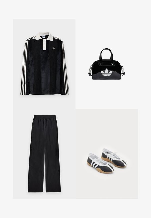 Schwarzes Samt-Poloshirt mit langen Ärmeln und einem weißen gerippten Kragen, drei Knöpfen, strukturiertem Vorderteil und drei weißen Streifen an jedem Arm.; Schwarze Hosen mit weitem Bein und elastischem Bund aus leichtem Stoff, flach auf einem hellen Hintergrund liegend dargestellt.; Schwarz-weiße Sportschuhe mit einem eleganten Design, Gummisohle, Schnürverschluss und drei weißen Streifen an den Seiten.; Schwarze Handtasche aus Lackleder mit abgerundeter Form, doppelten Tragegriffen, silbernen Akzenten und einem auffälligen weißen Logo auf der Vorderseite.