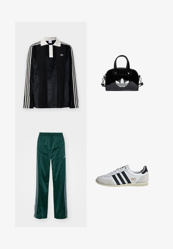 Camisa polo de manga larga de terciopelo negro con un collar acanalado blanco, tres botones, frente texturizado y tres rayas blancas en cada manga.; Pantalones deportivos de color verde oscuro, hechos de un material brillante, con franjas laterales en gris claro y un logotipo bordado en la pierna izquierda.; Zapatilla blanca con rayas negras y marca dorada. Presenta materiales de ante y cuero, parte superior perforada y suela de goma texturizada.; Bolso de mano de charol negro con forma redondeada, dos asas en la parte superior, acentos plateados y un prominente logotipo blanco en la parte delantera.