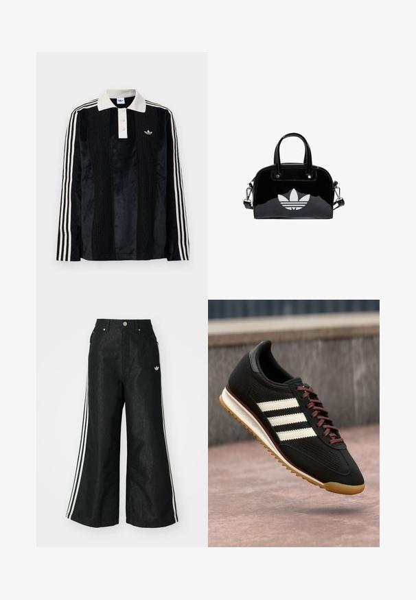 Camisa polo de manga larga de terciopelo negro con un collar acanalado blanco, tres botones, frente texturizado y tres rayas blancas en cada manga.; Pantalones de denim anchos y negros con tres franjas blancas en cada lado y un pequeño logo blanco. Cuenta con bolsillos frontales y un cierre de botón.; Zapato deportivo negro con parte superior texturizada, tres rayas blancas, cordones marrones y suela de goma. Diseño moderno con silueta de perfil bajo.; Bolso de mano de charol negro con forma redondeada, dos asas en la parte superior, acentos plateados y un prominente logotipo blanco en la parte delantera.