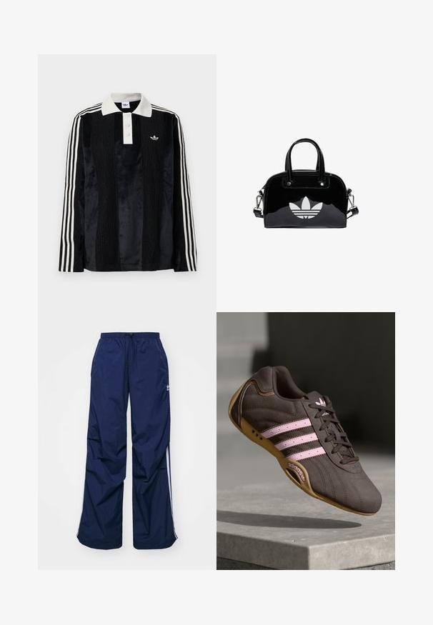 Sort fløjl langærmet polo shirt med en hvid ribbestrikket krave, tre knapper, struktureret front og tre hvide striber på hver ærme.; Marineblå, letvægtsbukser med elastik i taljen og snøre, med hvide sidelister og et lille logo foran. Løs pasform.; Brune ruskind atletik sko med pink striber og logo, med en tekstureret overdel, snørebåndslukning og en gummirubbersål.; Sort patentlæder håndtaske med rund form, to top-håndtag, sølvdetaljer og en fremtrædende hvid logo på fronten.