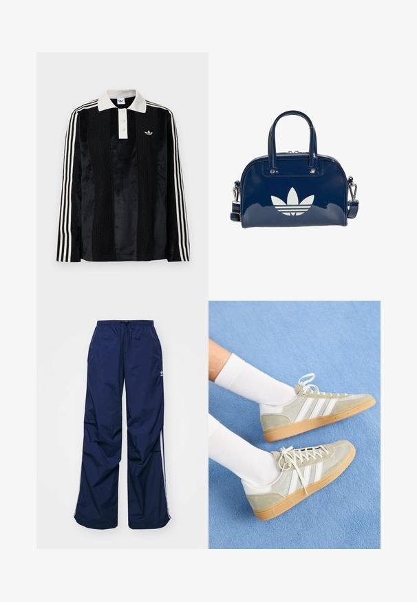 Camisa polo de manga larga de terciopelo negro con un collar acanalado blanco, tres botones, frente texturizado y tres rayas blancas en cada manga.; Pantalones de color azul marino, ligeros, con cintura elástica y cordón ajustable, con franjas blancas laterales y un pequeño logo en la parte delantera. Diseño de corte holgado.; Zapatillas de ante gris claro con acentos de goma blanca, que presentan tres franjas blancas y una suela de goma, llevadas con calcetines blancos sobre un fondo azul.; Bolso brillante azul oscuro con doble asa y correa ajustable, con un gran logo blanco de trébol de Adidas en el frente.