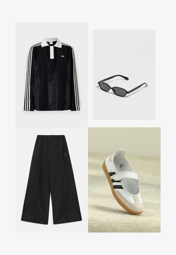 Sort fløjl langærmet polo shirt med en hvid ribbestrikket krave, tre knapper, struktureret front og tre hvide striber på hver ærme.; Sorte bukser med vidde i benene, sidelommer, bæltestropper, forreste folder og en lille Adidas-logo på højre side.; Hvid sko med en lyserød ruskindforfod, sorte striber og en velcrorem. Har en lys gummi sål og et logo på siden.; Sorte ovale solbriller med mørke linser og tynde stel, der hviler på en lys overflade.