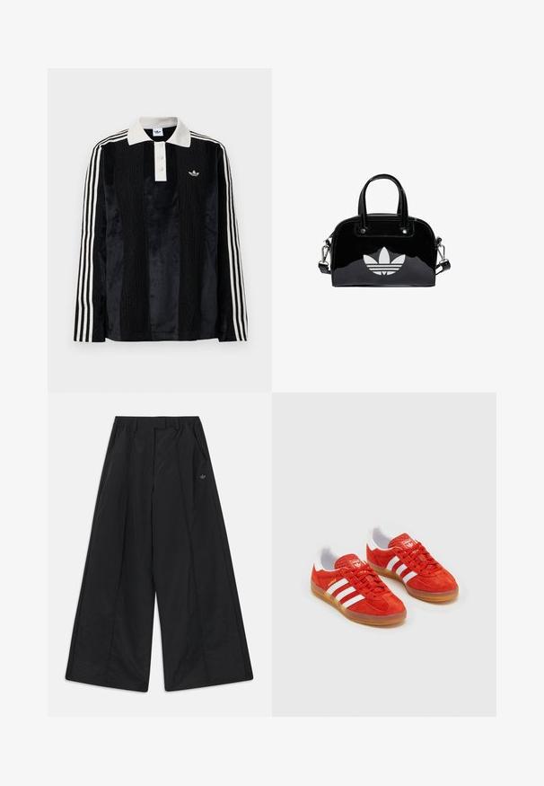 Schwarzes Samt-Poloshirt mit langen Ärmeln und einem weißen gerippten Kragen, drei Knöpfen, strukturiertem Vorderteil und drei weißen Streifen an jedem Arm.; Schwarze, weit geschnittene Hose mit Seitentaschen, Gürtelschlaufen, vorderen Falten und einem kleinen Adidas-Logo auf der rechten Seite.; Rote Wildleder-Sneaker mit weißen Streifen, Gummi-Sohle, gepolstertem Kragen und Logo auf der Zunge. Klassisches Design mit strukturiertem Obermaterial.; Schwarze Handtasche aus Lackleder mit abgerundeter Form, doppelten Tragegriffen, silbernen Akzenten und einem auffälligen weißen Logo auf der Vorderseite.