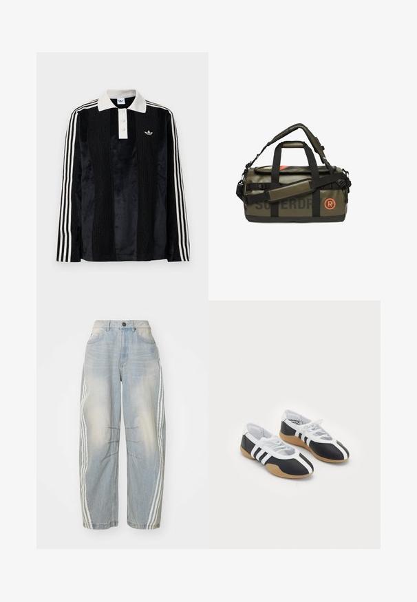 Camisa polo de manga larga de terciopelo negro con un collar acanalado blanco, tres botones, frente texturizado y tres rayas blancas en cada manga.; Jeans de denim azul claro con corte holgado, que presentan franjas blancas a los lados, detalles desgastados y un cierre de botón en la cintura.; Zapatillas deportivas en blanco y negro con un diseño elegante, suela de goma, cierre de cordones y tres franjas blancas en los lados.; Superdry & Co TARP BARREL - Bolsa de fin de semana - surplus goods olive green