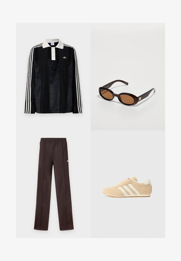 Camisa polo de manga larga de terciopelo negro con un collar acanalado blanco, tres botones, frente texturizado y tres rayas blancas en cada manga.; Pantalones deportivos Adidas de color marrón oscuro con cintura elástica, bolsillos laterales con cremallera y pequeño logo Trefoil blanco en el muslo derecho.; Zapatillas deportivas en tono marrón y crema con un acabado de cuero suave, tres rayas blancas en el lateral y una puntera redondeada. Parte superior texturizada con perforaciones.; Gafas de sol marrón carey con lentes ovalados, que presentan un marco delgado y un pequeño acento metálico en el lateral. Acabado texturizado y pulido.