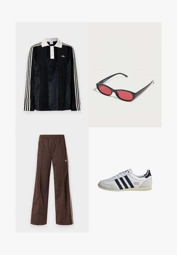Schwarzes Samt-Poloshirt mit langen Ärmeln und einem weißen gerippten Kragen, drei Knöpfen, strukturiertem Vorderteil und drei weißen Streifen an jedem Arm.; Braune Sporthose mit weitem Bein, weißen Seitenstreifen, elastischem Bund und zwei Seitentaschen. Mit kleinem Logo am Bein.; Weiße Sneaker mit schwarzen Streifen und goldener Markenkennzeichnung. Verfügt über Materialien aus Wildleder und Leder, ein durchlässiges Obermaterial und eine strukturierte Gummisohle.; Schwarze ovale Sonnenbrille mit schlanken Bügeln und rot getönten Gläsern, die auf einer weißen Oberfläche liegt.
