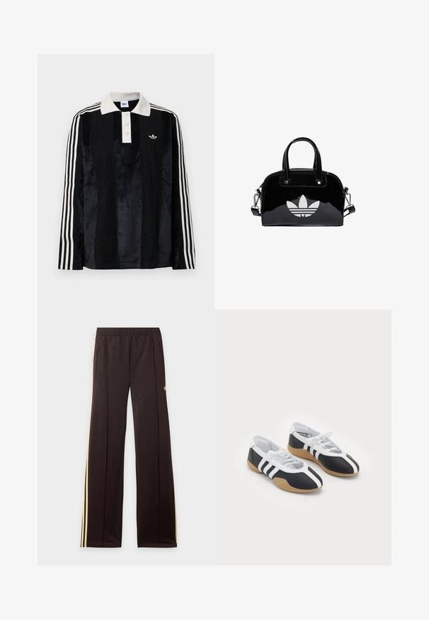 Polo en velours noir à manches longues avec un col côtelé blanc, trois boutons, un devant texturé et trois rayures blanches sur chaque manche.; Pantalon de survêtement noir avec des bandes latérales jaunes, taille élastique, poches latérales zippées et un petit logo sur la partie supérieure de la cuisse.; Baskets de sport noir et blanc au design élégant, semelle en caoutchouc, fermeture à lacets et trois rayures blanches sur les côtés.; Sac à main en cuir verni noir de forme arrondie, avec des poignées supérieures doubles, des accents argentés et un logo blanc proéminent à l'avant.