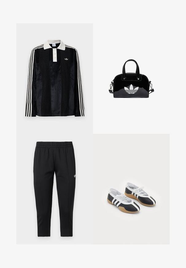 Camisa polo de manga larga de terciopelo negro con un collar acanalado blanco, tres botones, frente texturizado y tres rayas blancas en cada manga.; Pantalones deportivos negros con corte estrecho, cintura elástica y logo blanco de Adidas en la parte superior del muslo izquierdo.; Zapatillas deportivas en blanco y negro con un diseño elegante, suela de goma, cierre de cordones y tres franjas blancas en los lados.; Bolso de mano de charol negro con forma redondeada, dos asas en la parte superior, acentos plateados y un prominente logotipo blanco en la parte delantera.