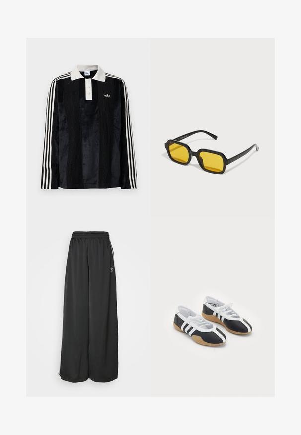Sort fløjl langærmet polo shirt med en hvid ribbestrikket krave, tre knapper, struktureret front og tre hvide striber på hver ærme.; Sorte løstsiddende træningsbukser lavet af glat stof. Har en elastisk talje og sidelogsstriber med logoaccents.; Sort-hvide sportsko med et slankt design, gummisål, snørebåndslukning og tre hvide striber på siden.; Sorte rektangulære solbriller med gule linser. Funktioner inkluderer tykke stel og kantet design med en glat, blank finish.