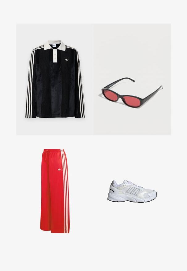 Camisa polo de manga larga de terciopelo negro con un collar acanalado blanco, tres botones, frente texturizado y tres rayas blancas en cada manga.; Pantalones deportivos rojos hechos de material ligero, con un diseño de pierna ancha, cintura elástica, cordón ajustable y tres rayas blancas en cada lado.; Zapato deportivo blanco con malla transpirable y materiales sintéticos, tres franjas plateadas, suela de caucho texturizada y cuello acolchado.; Gafas de sol ovaladas negras con varillas delgadas y lentes tintados de rojo descansando sobre una superficie blanca.