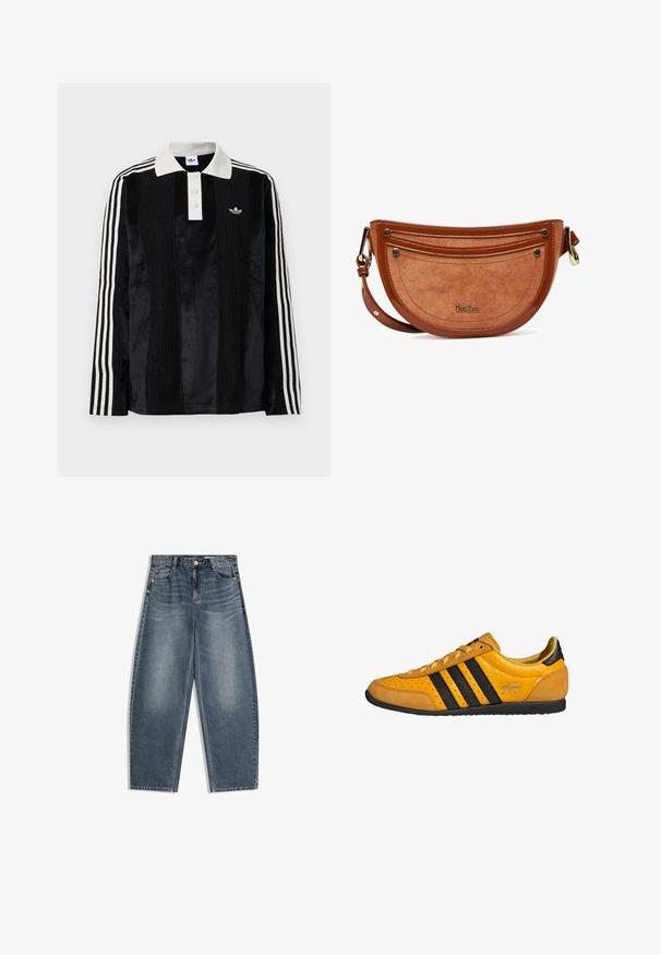 Zwarte fluwelen long-sleeve polo shirt met een witte geribbelde kraag, drie knopen, een textuur aan de voorkant en drie witte strepen op elke mouw.; Denim jeans in mediumblauw met een loszittend, wijd pijpmodel. Voorzien van de klassieke vijfzakkenconstructie en een vervaagde afwerking.; Gele leren sneaker met zwarte strepen, vetersluiting, geperforeerde neus en gestructureerde hielaccenten met het label "adidas Japan." Rubber loopzool.; Bruine suède en leren halvemaanvormige crossbodytas met metalen studs, verstelbare riem en "DeeZee"-logo op de voorkant in het midden.