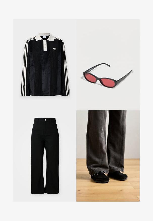 Camisa polo de manga larga de terciopelo negro con un collar acanalado blanco, tres botones, frente texturizado y tres rayas blancas en cada manga.; Pantalones negros de tiro alto y pierna recta con bolsillos frontales, trabillas para cinturón y un cierre de botón plateado sobre un fondo blanco.; Persona vestida con pantalones sueltos de color gris oscuro y zapatos negros sin cordones, de pie sobre un suelo de madera clara contra una pared lisa.; Gafas de sol ovaladas negras con varillas delgadas y lentes tintados de rojo descansando sobre una superficie blanca.