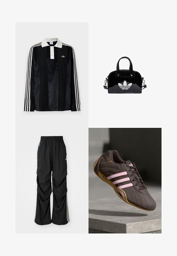 Schwarzes Samt-Poloshirt mit langen Ärmeln und einem weißen gerippten Kragen, drei Knöpfen, strukturiertem Vorderteil und drei weißen Streifen an jedem Arm.; Schwarz weite Hosen mit elastischem Bund, Kordelzug und weißen Seitenstreifen; aus leichtem Stoff mit glatter Textur.; Braune Wildleder-Sportschuhe mit pinken Streifen und Logo, featuring eine strukturierte Oberseite, Schnürung und einer Sohle aus Gummi.; Schwarze Handtasche aus Lackleder mit abgerundeter Form, doppelten Tragegriffen, silbernen Akzenten und einem auffälligen weißen Logo auf der Vorderseite.