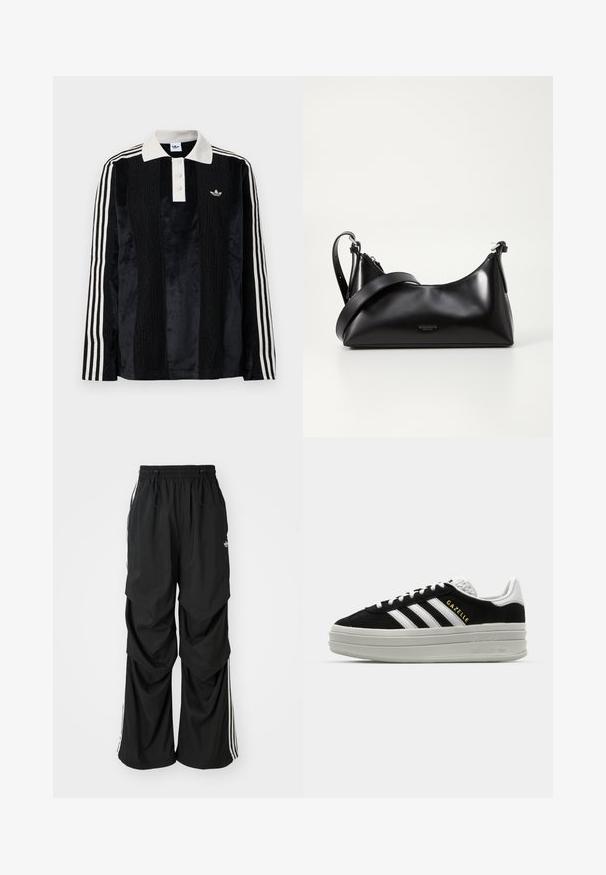 Schwarzes Samt-Poloshirt mit langen Ärmeln und einem weißen gerippten Kragen, drei Knöpfen, strukturiertem Vorderteil und drei weißen Streifen an jedem Arm.; Schwarz weite Hosen mit elastischem Bund, Kordelzug und weißen Seitenstreifen; aus leichtem Stoff mit glatter Textur.; Schwarze Wildleder-Sneaker mit weißen Lederakzenten, drei weißen Streifen, flachen Schnürsenkeln und einer dicken grauen Plateausohle. Goldenes "Gazelle"-Branding.; Schwarze lederne Handtasche mit glatter Textur. Verfügt über einen verstellbaren Riemen und ein elegantes, minimalistisches Design mit einem Reißverschluss.