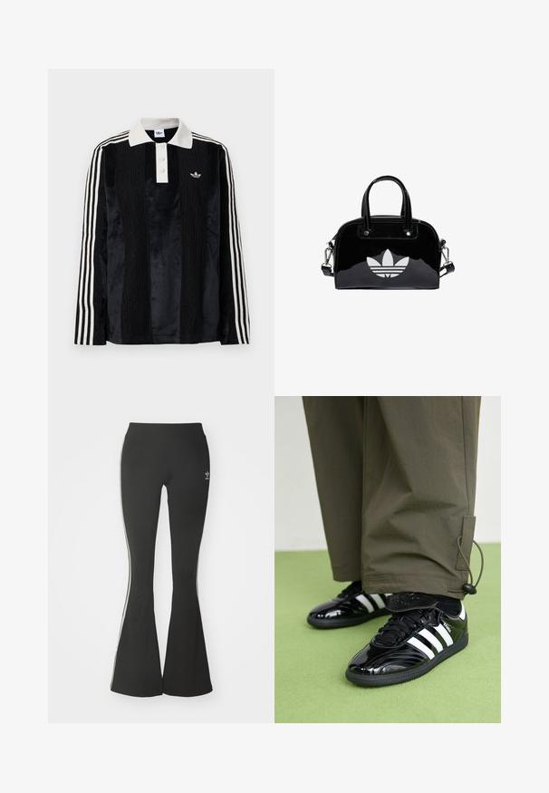 Camisa polo de manga larga de terciopelo negro con un collar acanalado blanco, tres botones, frente texturizado y tres rayas blancas en cada manga.; Leggings acampanados negros de tejido elástico, con una cintura alta y rayas laterales blancas. Incluye un pequeño logo en la cintura.; Zapatillas de charol negro con tres rayas blancas, cordones negros y suela texturizada negra, combinadas con pantalones verde oliva.; Bolso de mano de charol negro con forma redondeada, dos asas en la parte superior, acentos plateados y un prominente logotipo blanco en la parte delantera.