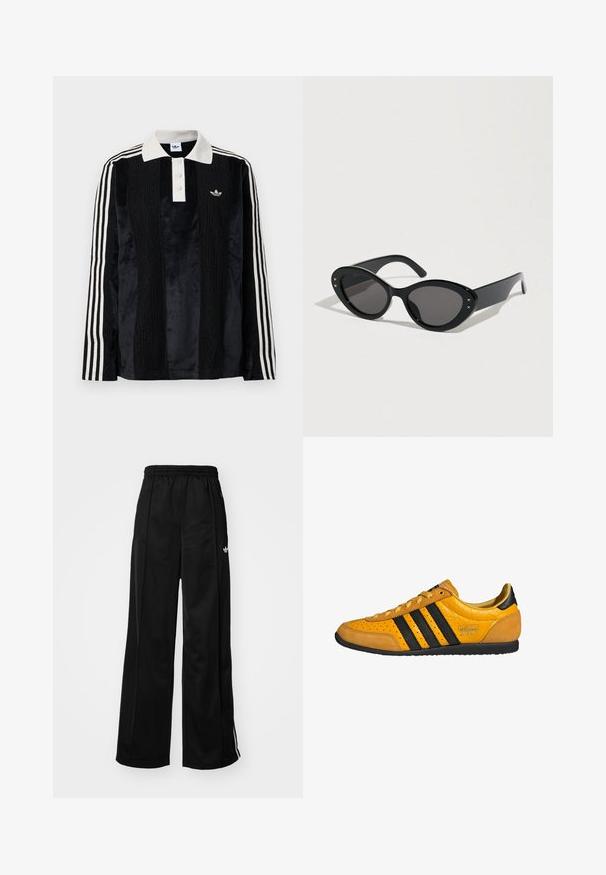 Sort fløjl langærmet polo shirt med en hvid ribbestrikket krave, tre knapper, struktureret front og tre hvide striber på hver ærme.; Sorte brede træningsbukser med elastisk talje, prydet med hvide side-striber og et lille logo på venstre hofte. Glat stofstruktur.; Gul lædersneakers med sorte striber, snørebånd, perforeret tå og teksturerede hælforskelle mærket "adidas Japan." Gummiydersål.; Sorte solbriller med en stor cat-eye form. Glatte plaststel med mørke linser og små stjerne-accentsider.