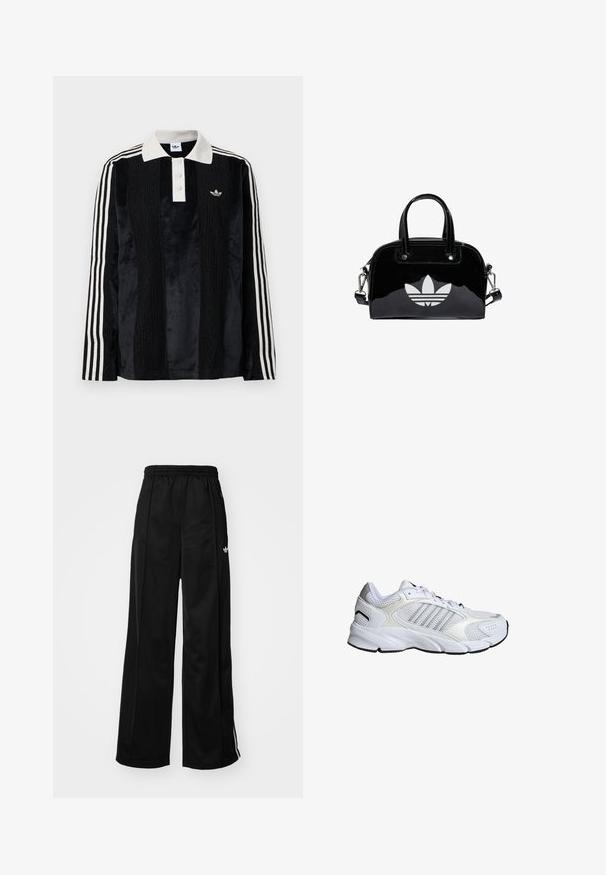 Polo en velours noir à manches longues avec un col côtelé blanc, trois boutons, un devant texturé et trois rayures blanches sur chaque manche.; Pantalons de survêtement larges noirs avec une taille élastique, ornés de bandes latérales blanches et d'un petit logo sur la hanche gauche. Texture de tissu lisse.; Baskets blanches en matériau synthétique et en maille respirante, avec trois rayures argentées, semelle en caoutchouc texturé et col rembourré.; Sac à main en cuir verni noir de forme arrondie, avec des poignées supérieures doubles, des accents argentés et un logo blanc proéminent à l'avant.
