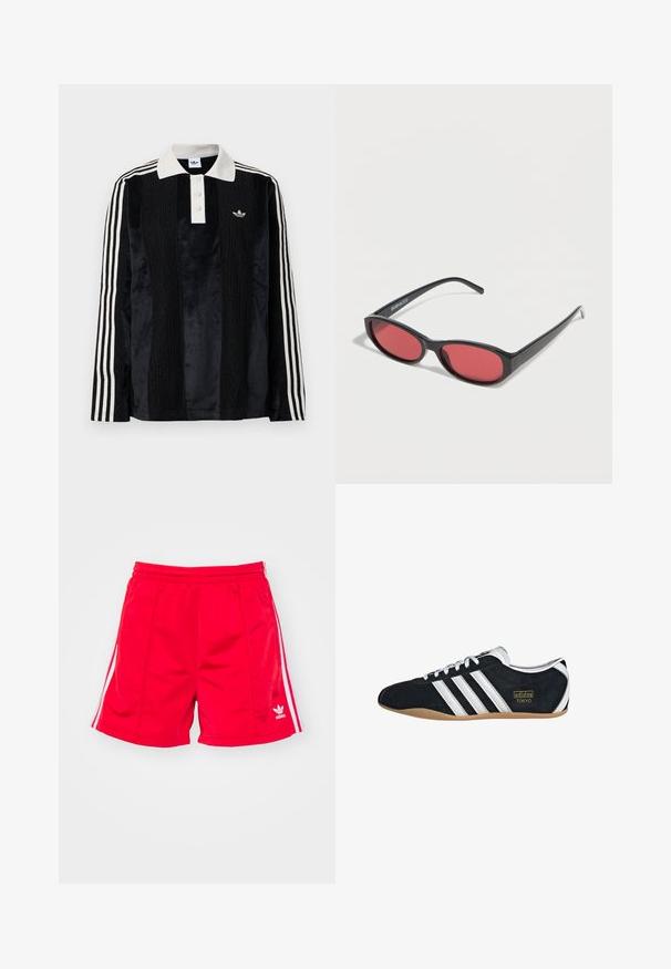 Schwarzes Samt-Poloshirt mit langen Ärmeln und einem weißen gerippten Kragen, drei Knöpfen, strukturiertem Vorderteil und drei weißen Streifen an jedem Arm.; Rote Sportshorts mit elastischem Bund, ausgestattet mit weißen Seitenstreifen und einem gestickten Logo auf der unteren linken Seite. Glatte Textur.; Schwarze Wildledersneaker mit drei weißen Streifen, goldenem Logo und brauner Gummisohle. Merkmale ein niedrigprofiliertes Schnürdesign.; Schwarze ovale Sonnenbrille mit schlanken Bügeln und rot getönten Gläsern, die auf einer weißen Oberfläche liegt.