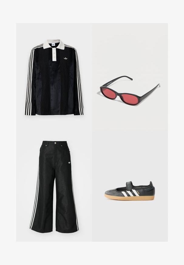 Camisa polo de manga larga de terciopelo negro con un collar acanalado blanco, tres botones, frente texturizado y tres rayas blancas en cada manga.; Pantalones de denim anchos y negros con tres franjas blancas en cada lado y un pequeño logo blanco. Cuenta con bolsillos frontales y un cierre de botón.; Zapatilla de deporte de cuero negro y ante con una correa de Velcro, que presenta tres rayas blancas y una suela de goma, etiquetada "SAMBA" en el lateral.; Gafas de sol ovaladas negras con varillas delgadas y lentes tintados de rojo descansando sobre una superficie blanca.