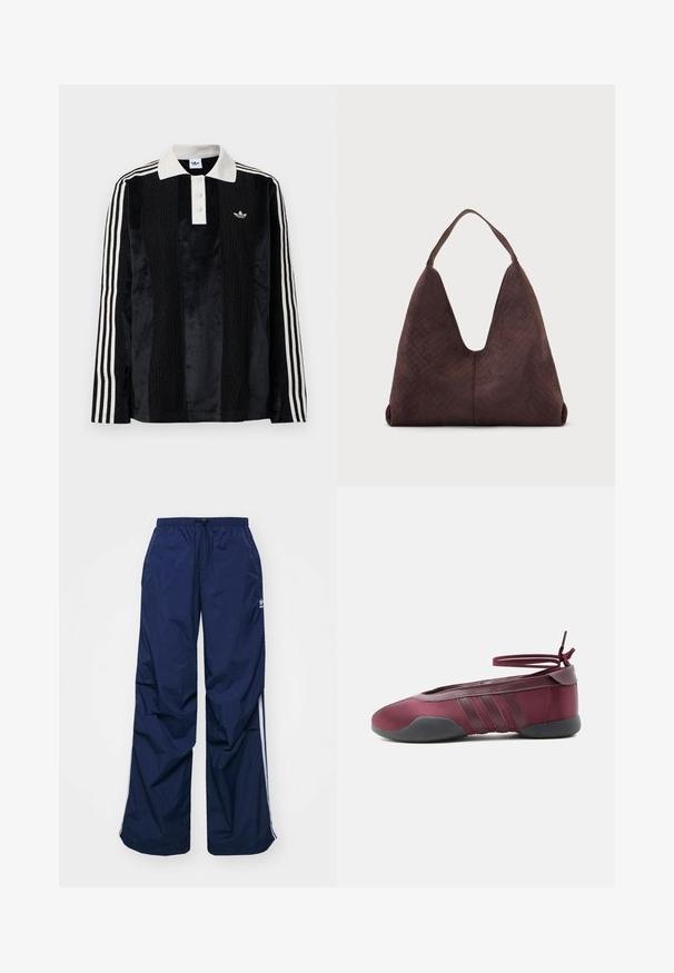 Zwarte fluwelen long-sleeve polo shirt met een witte geribbelde kraag, drie knopen, een textuur aan de voorkant en drie witte strepen op elke mouw.; Navyblauwe, lichtgewicht broek met elastische taille en trekkoord, voorzien van witte zijstrepen en een klein logo aan de voorkant. Losse pasvorm.; Bordeauxrode ballerina met zwarte zool, elastische enkelbandjes die in een strik zijn gebonden, en gestikte details aan de zijkanten, gezien vanaf de buitenkant.; Grote bruine leren handtas met een geweven textuur en een enkele schouderriem, afgebeeld tegen een effen lichte achtergrond.