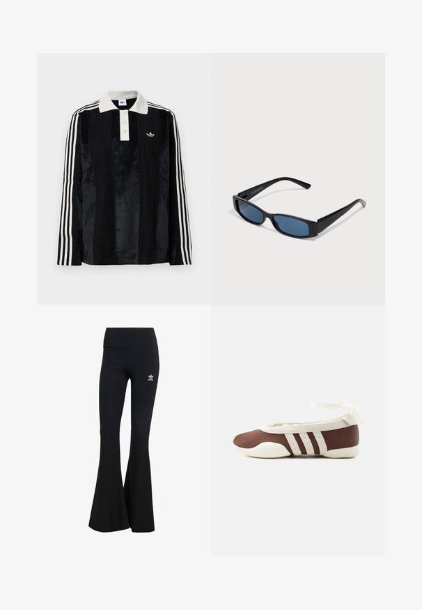 Schwarzes Samt-Poloshirt mit langen Ärmeln und einem weißen gerippten Kragen, drei Knöpfen, strukturiertem Vorderteil und drei weißen Streifen an jedem Arm.; Schwarze gerippte Schlagleggings mit einem breiten Bund, ausgestattet mit einem kleinen weißen Adidas-Logo auf der oberen linken Seite. Weicher Stoff.; Brauner und weißer Ballerinaschuh mit drei weißen Streifen und einer Schleife zum Binden am Knöchel auf einem schlichten hellen Hintergrund.; Schwarze Sonnenbrille mit einem eleganten rechteckigen Rahmen und blauen Gläsern. Besitzt eine glatte Oberfläche und robuste Scharniere. Markenlogo an der Seite.