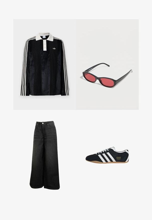 Schwarzes Samt-Poloshirt mit langen Ärmeln und einem weißen gerippten Kragen, drei Knöpfen, strukturiertem Vorderteil und drei weißen Streifen an jedem Arm.; Schwarze weit geschnittene Jeans mit hoher Taille, Frontknopf, Taschen und dezentem Logo auf der Vorder-Tasche.; Schwarze Wildledersneaker mit drei weißen Streifen, goldenem Logo und brauner Gummisohle. Merkmale ein niedrigprofiliertes Schnürdesign.; Schwarze ovale Sonnenbrille mit schlanken Bügeln und rot getönten Gläsern, die auf einer weißen Oberfläche liegt.