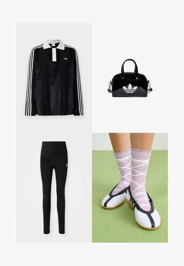 Schwarzes Samt-Poloshirt mit langen Ärmeln und einem weißen gerippten Kragen, drei Knöpfen, strukturiertem Vorderteil und drei weißen Streifen an jedem Arm.; Schwarze Leggings aus dehnbarem Material mit hohem Bund, ausgestattet mit einem kleinen weißen Adidas-Logo am linken Bein. Glatte Textur.; Beine mit gerippten lavendelfarbenen Socken mit weißen überkreuzten Riemen, kombiniert mit weißen Ballettschuhen mit schwarzem Rand auf grünem Boden.; Schwarze Handtasche aus Lackleder mit abgerundeter Form, doppelten Tragegriffen, silbernen Akzenten und einem auffälligen weißen Logo auf der Vorderseite.