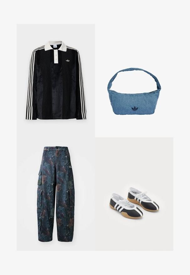 Camisa polo de manga larga de terciopelo negro con un collar acanalado blanco, tres botones, frente texturizado y tres rayas blancas en cada manga.; Pantalones cargo de camuflaje en verde oscuro y marrón, con múltiples bolsillos y un ajuste holgado, hechos de una tela ligera y resistente.; Zapatillas deportivas en blanco y negro con un diseño elegante, suela de goma, cierre de cordones y tres franjas blancas en los lados.; Bolso de hombro de mezclilla en azul claro con un logo bordado en azul oscuro. Cuenta con una correa ancha y suave y un cierre superior con cremallera.
