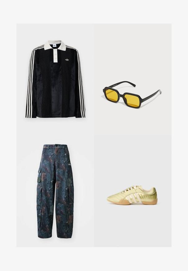 Camisa polo de manga larga de terciopelo negro con un collar acanalado blanco, tres botones, frente texturizado y tres rayas blancas en cada manga.; Pantalones cargo de camuflaje en verde oscuro y marrón, con múltiples bolsillos y un ajuste holgado, hechos de una tela ligera y resistente.; Zapatilla deportiva sintética de color verde lima con una textura suave, que presenta tres franjas blancas, un forro interior suave y una suela exterior de goma texturizada.; Gafas de sol negras rectangulares con lentes amarillos. Presentan montura gruesa y un diseño angular con un acabado liso y brillante.